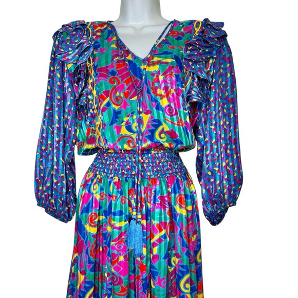 Jaymee Papell Vintage 80’s Beautiful Maxi Dress Cinch Waist Tussles Artsy Small - Picture 2 of 13